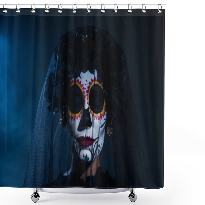 Personality  Portrait Of Woman With Closed Eyes And Scary Halloween Makeup Wearing Black Wreath And Veil On Blue Foggy Background Shower Curtains