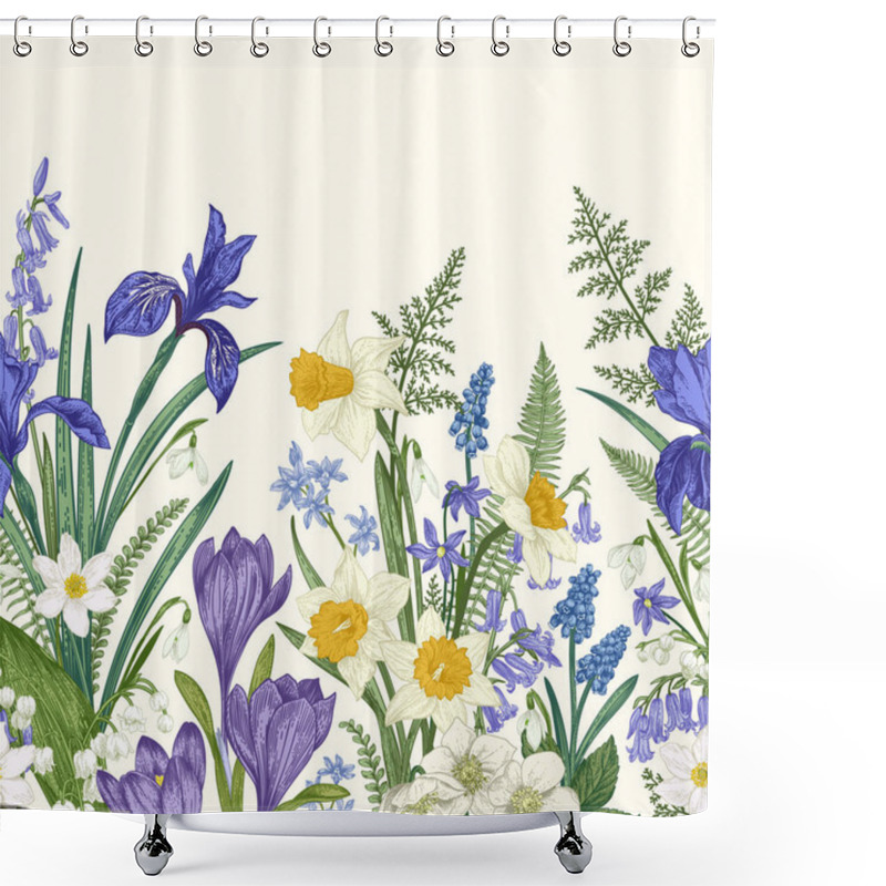 Personality  Seamless Border With Spring Flowers. Iris, Crocus, Narcissus, Snowdrop, Lily Of The Valley. Botanical Illustration. Colorful. Shower Curtains