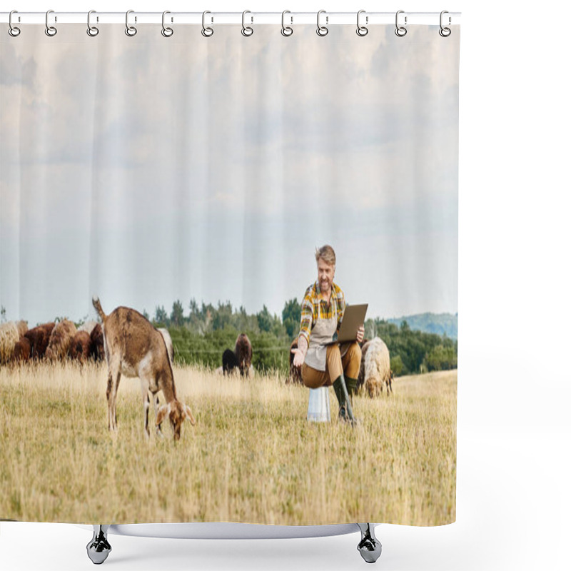 Personality  Handsome Modern Farmer With Beard Sitting With Laptop And Analyzing His Cattle Of Goats And Sheeps Shower Curtains