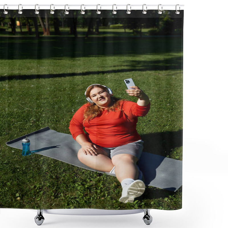 Personality  A Joyful Woman Exercises Outdoors, Capturing Her Fitness Journey. Shower Curtains