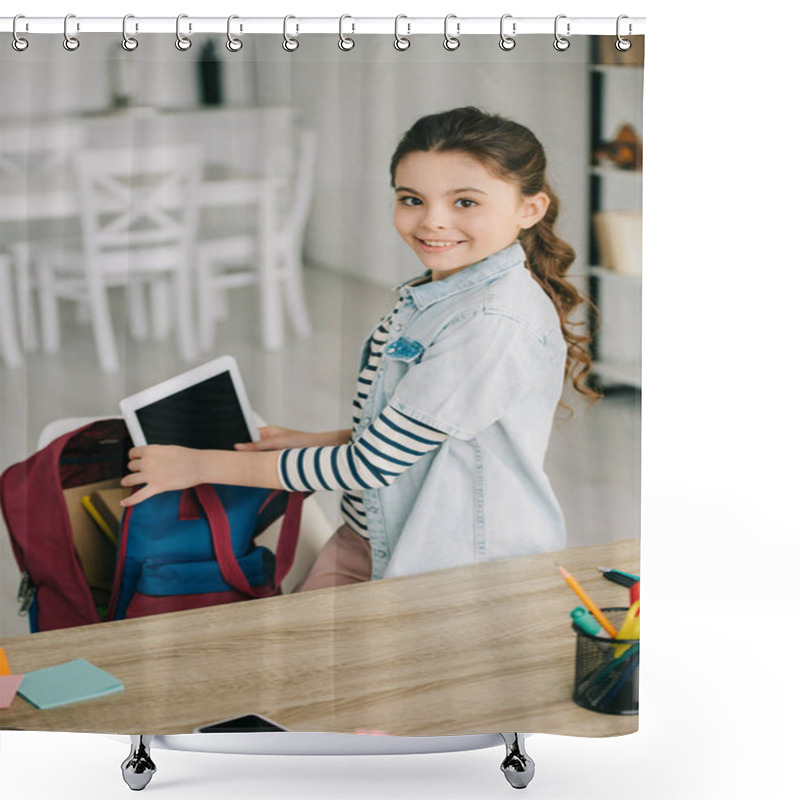 Personality  Adorable Schoolchild Getting Digital Tablet Of Of Back Pack While Standing Near Desk At Home Shower Curtains