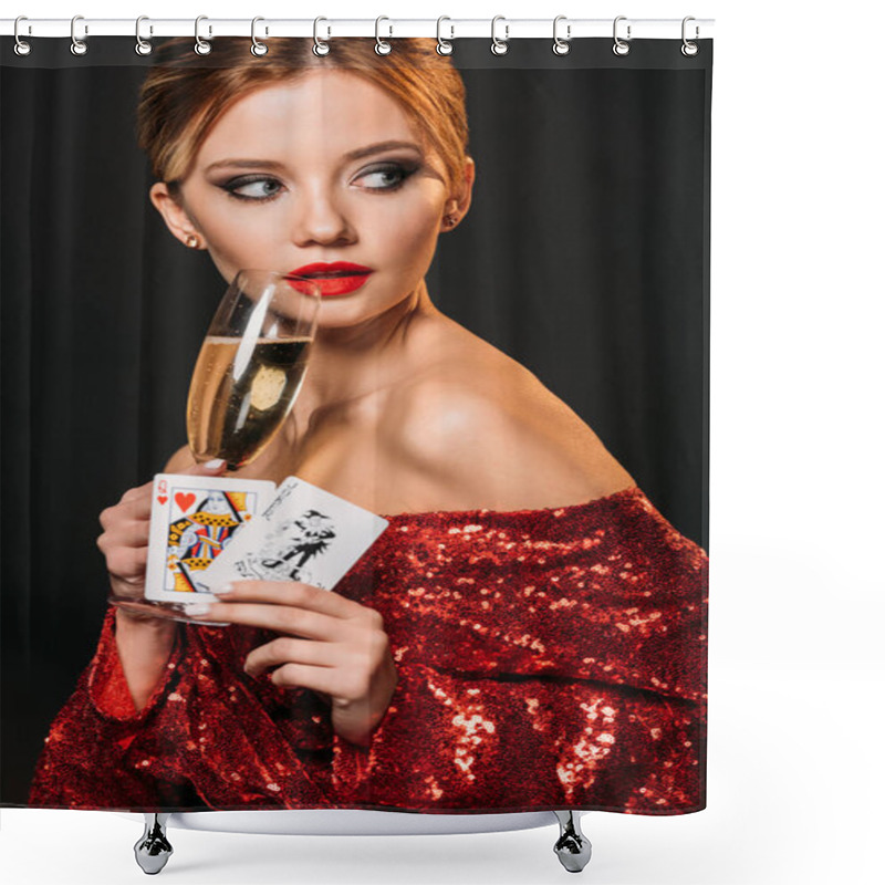 Personality  Attractive Girl In Red Shiny Dress Holding Joker And Queen Of Hearts Cards, Drinking Champagne Isolated On Black Shower Curtains