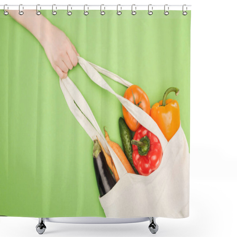 Personality  Partial View Of Woman Holding Handle Of Cotton Bag Full Of Ripe Vegetables Shower Curtains