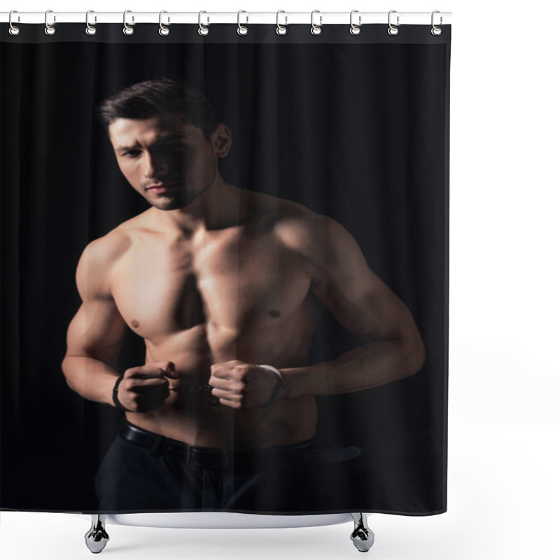 Personality  Handsome Shirtless Man In Handcuffs Looking At Camera Isolated On Black Shower Curtains