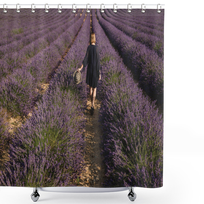 Personality  Back View Of Girl Holding Hat And Walking On Lavender Field, Provence, France Shower Curtains