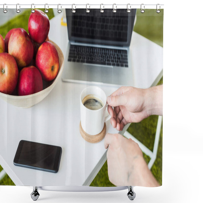 Personality  Cropped Image Of Man Taking Coffee Cup From Table With Smartphone, Laptop And Apples At Home Shower Curtains