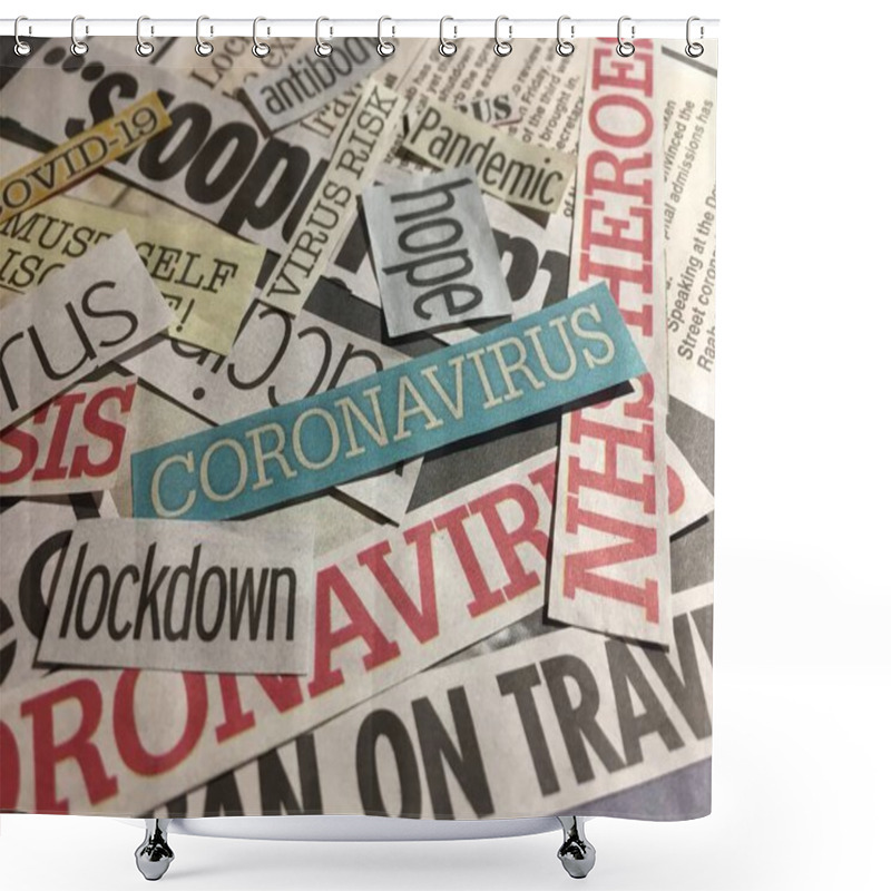 Personality  Coronavirus Headlines From Newspapers UK, Media Collage Concept For Panic Caused By Coronavirus Pandemic- Stock Photo Image Shower Curtains