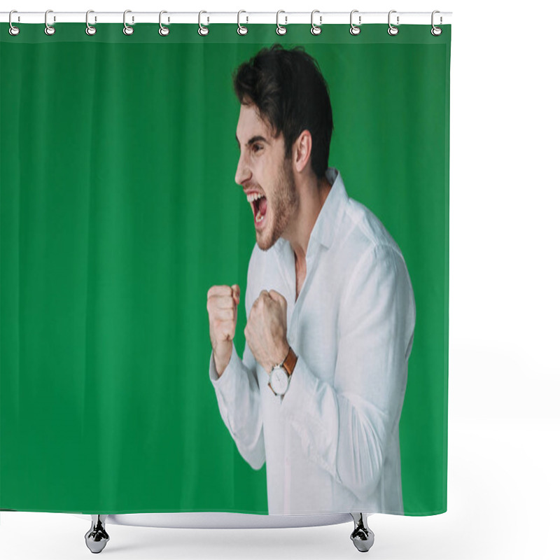 Personality  Angry Man In White Shirt Holding Fists Up And Screaming Isolated On Green Shower Curtains