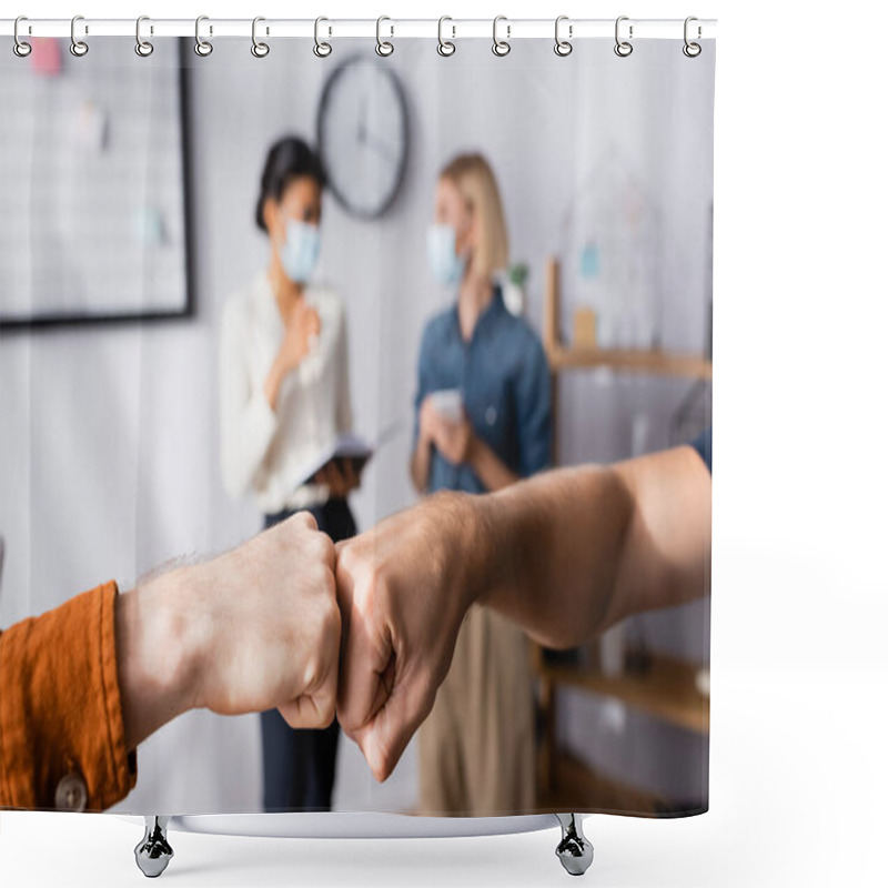 Personality  Two Businessmen Doing Fist Bump Near Multicultural Businesswomen Talking On Blurred Background Shower Curtains