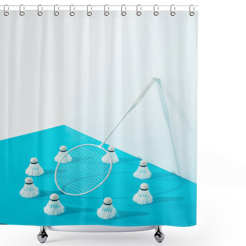 Personality  Circle Of Shuttlecocks Around Badminton Racket On Blue Paper  Shower Curtains