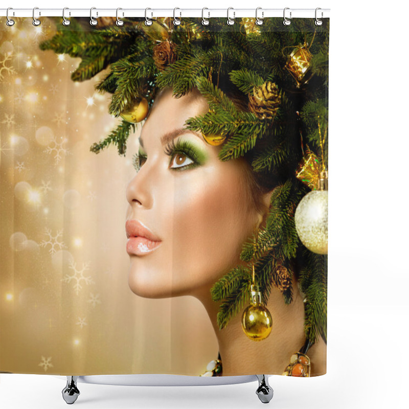 Personality  Christmas Woman. Christmas Tree Holiday Hairstyle And Makeup Shower Curtains