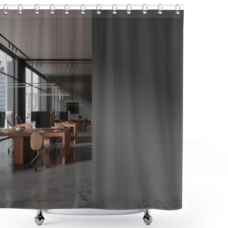 Personality  Dark Business Interior With Coworking And Glass Conference Room, Pc Computers On Solid Wood Table And Chairs In Row. Panoramic Window On New York. Mockup Copy Space Wall Partition. 3D Rendering Shower Curtains