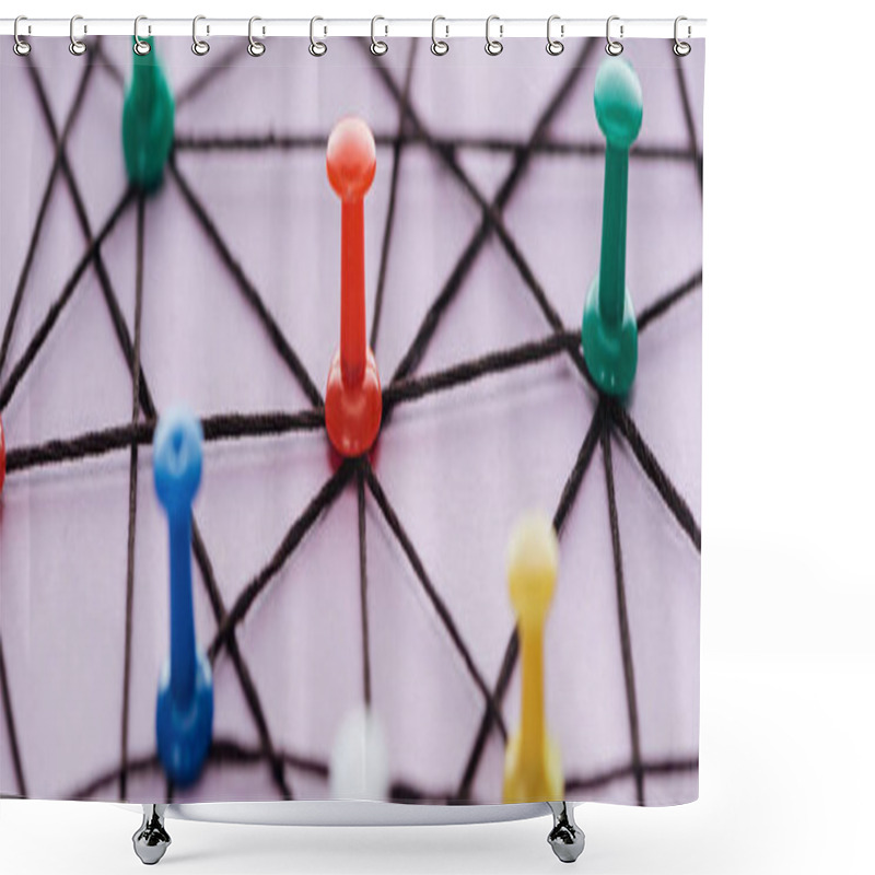 Personality  Panoramic Shot Of Push Pins Connected With Strings Isolated On Pink, Network Concept Shower Curtains