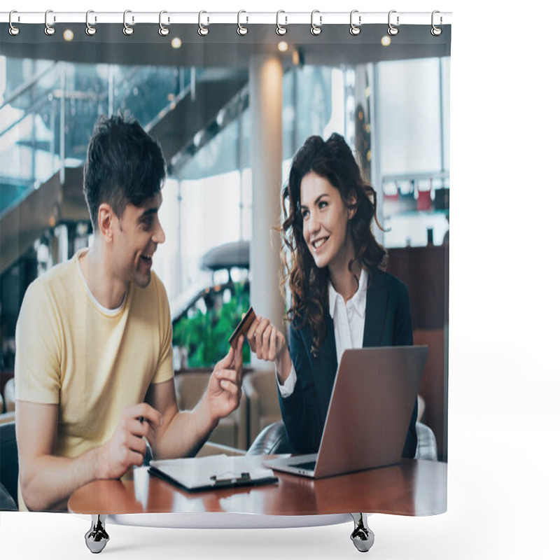 Personality  Smiling Car Dealer And Customer Sitting At Table In Car Showroom And Holding Credit Card Shower Curtains