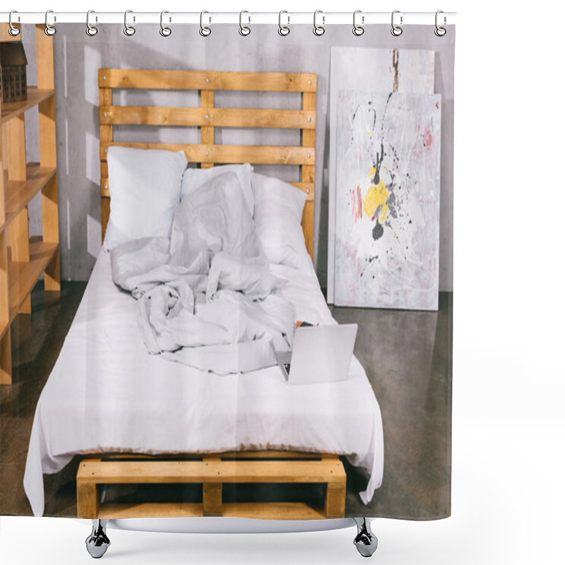 Personality  Laptop On Bed From Wooden Pallets In Bedroom Shower Curtains