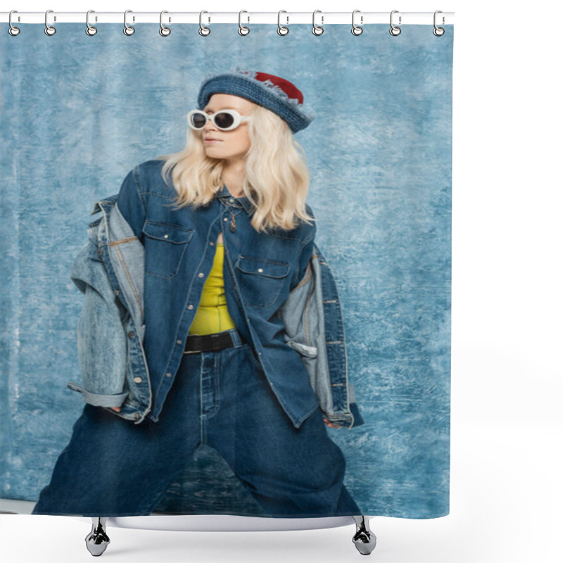 Personality  Blonde Woman In Denim Panama Hat And Sunglasses Posing Near Blue Textured Background   Shower Curtains