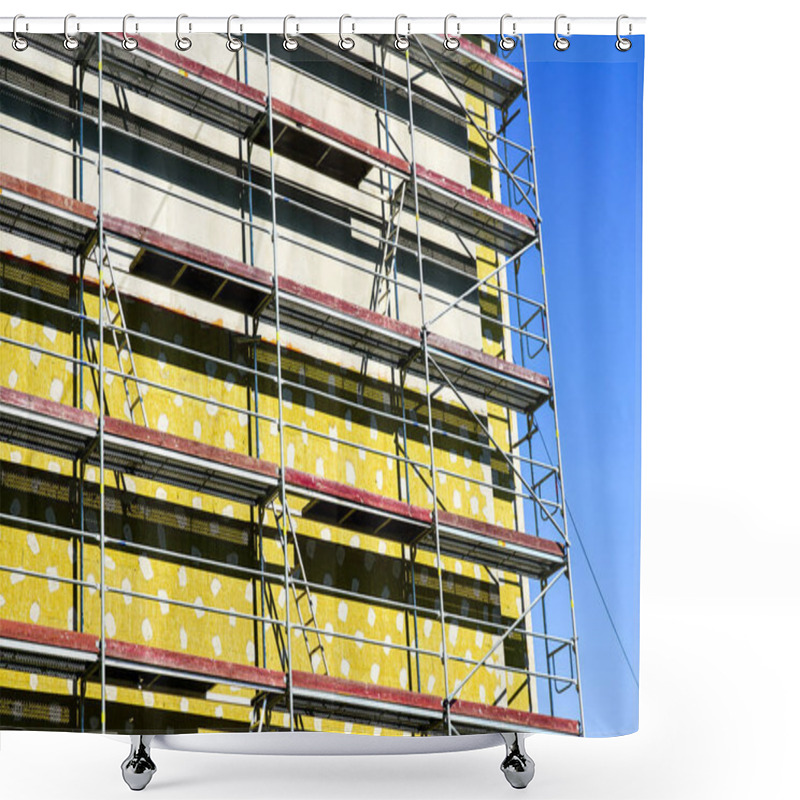 Personality  Installation Of Thermal Insulation Of The Facade Of An Apartment House, Blue Sky Background Shower Curtains