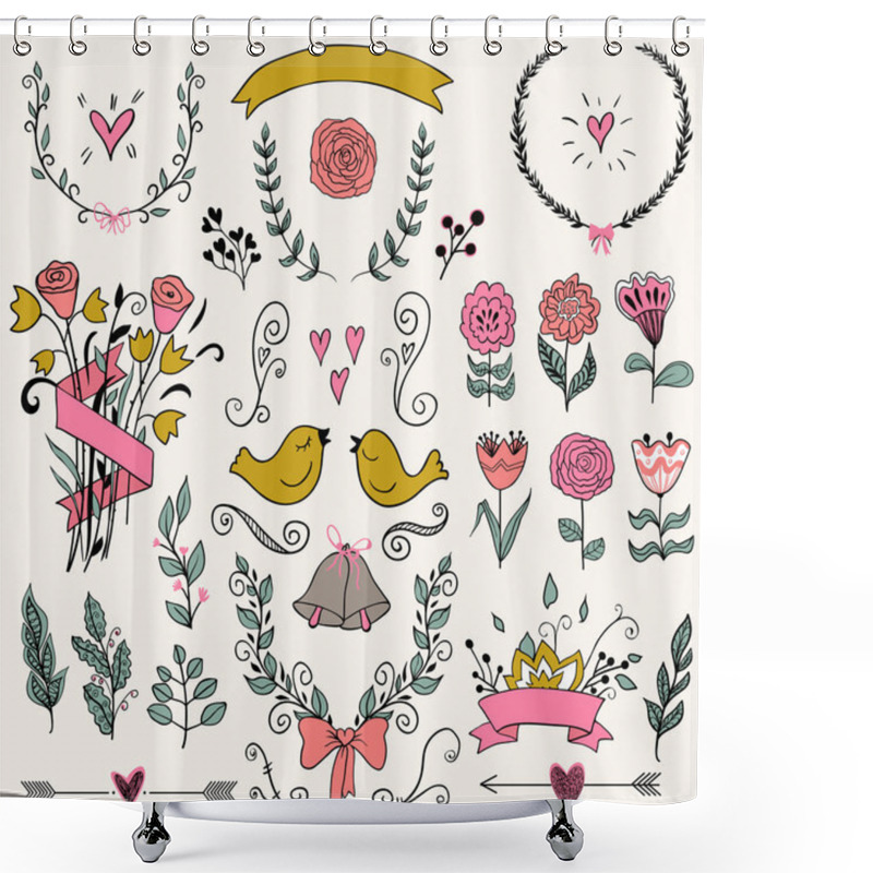 Personality  Romantic Graphic Set, Arrows, Hearts, Birds, Bells, Rings, Laurel, Wreaths, Ribbons And Bows. Shower Curtains