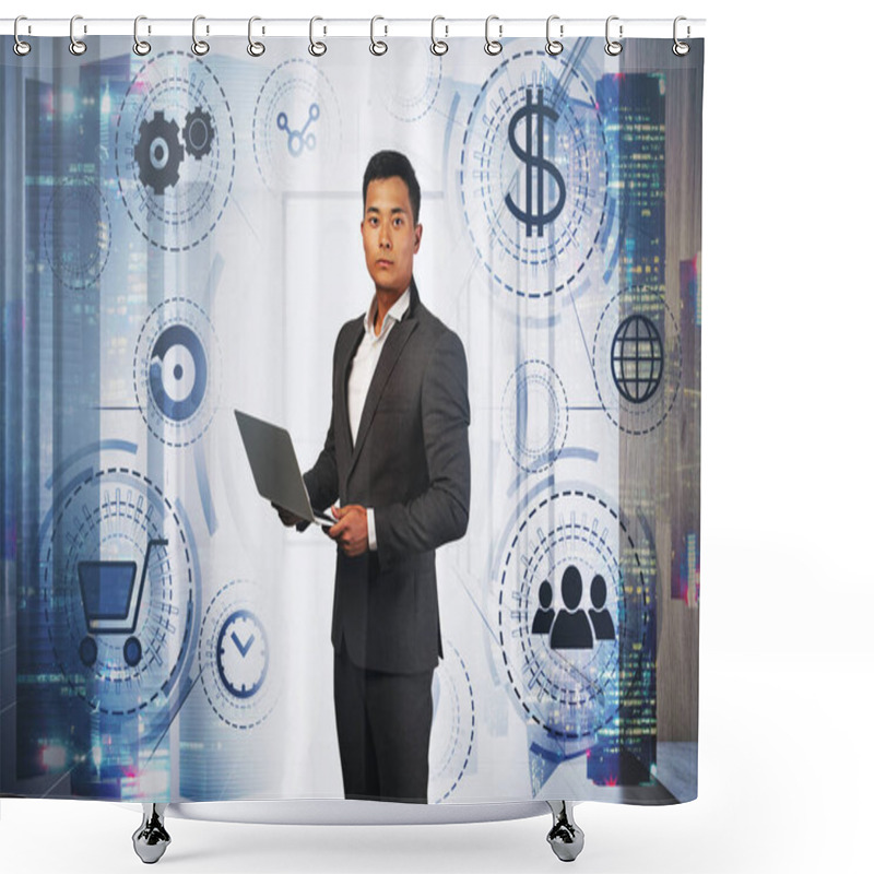 Personality  Serious Young Asian Businessman Holding Laptop In Blurry City Office With Double Exposure Of Hud Online Shopping Interface. Toned Image Shower Curtains