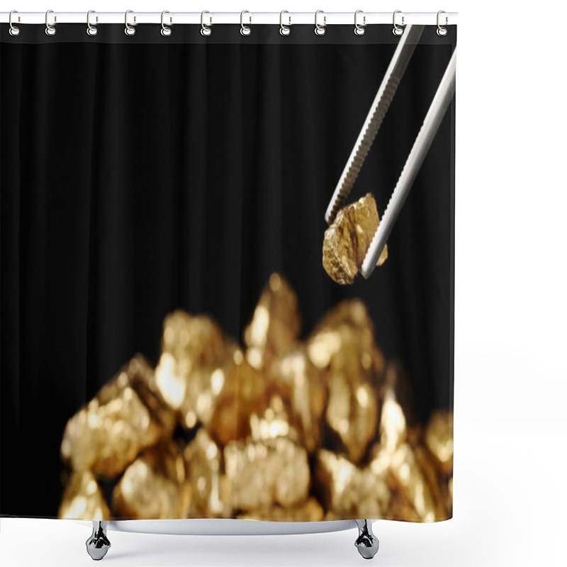 Personality  Tweezers With Gold Nugget Against Blurred Background, Closeup. Space For Text Shower Curtains