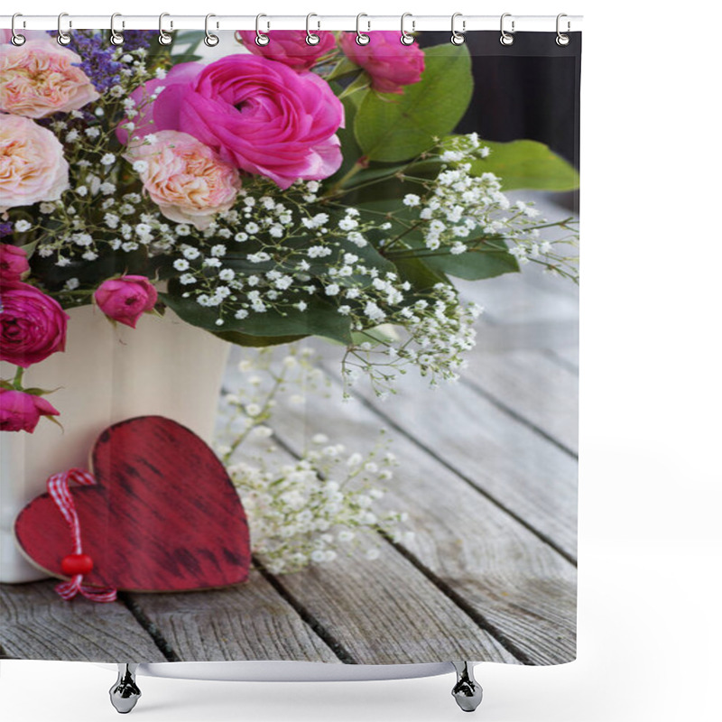 Personality  Romantic Bouquet With Pink Roses In The Garden Shower Curtains