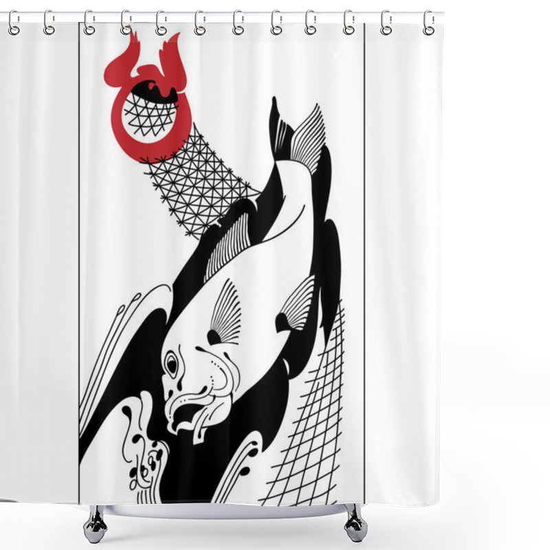 Personality  Koi Fishes, Hand Drawn . Japanese  Vintge Retro Style. Shower Curtains