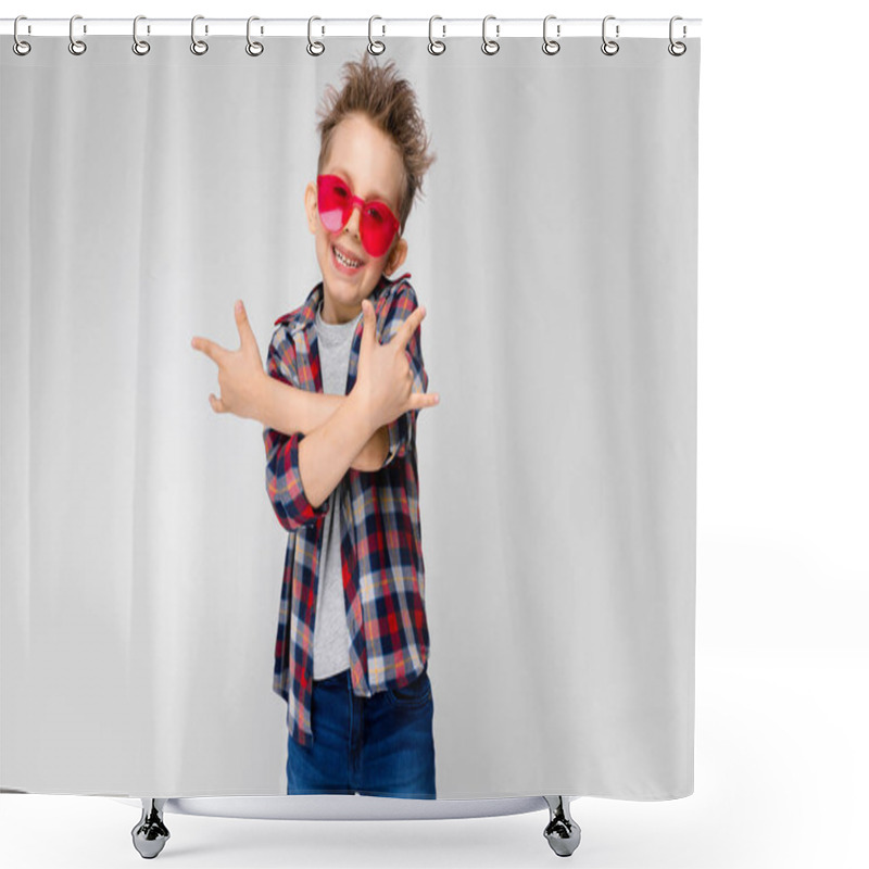 Personality  Charming Happy Boy On Gray Background Showing The Goat Shower Curtains