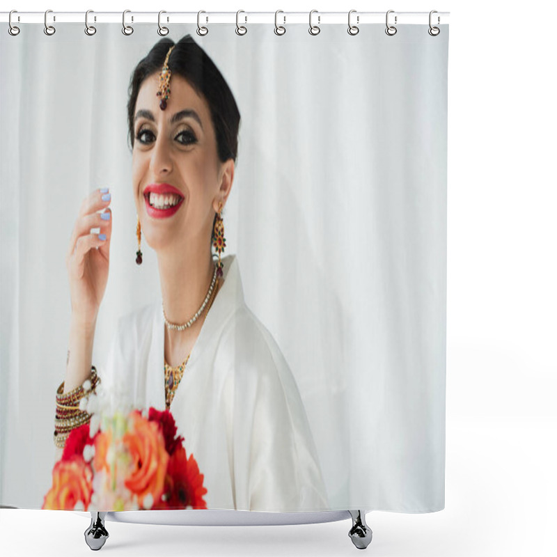 Personality  Young Cheerful Indian Bride With Mehndi Holding Bouquet Of Flowers On White Shower Curtains