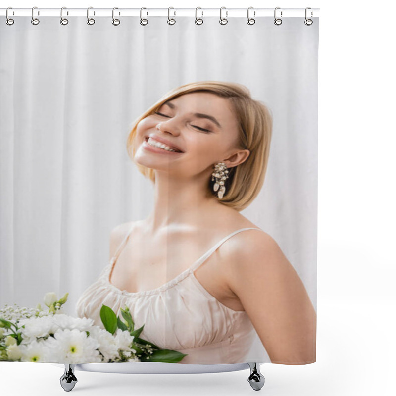 Personality  Beautiful And Blonde Bride In Wedding Dress Holding Bouquet On Grey Background, Joy, White Flowers, Bridal Accessories, Happiness, Special Occasion, Feminine, Blissful  Shower Curtains