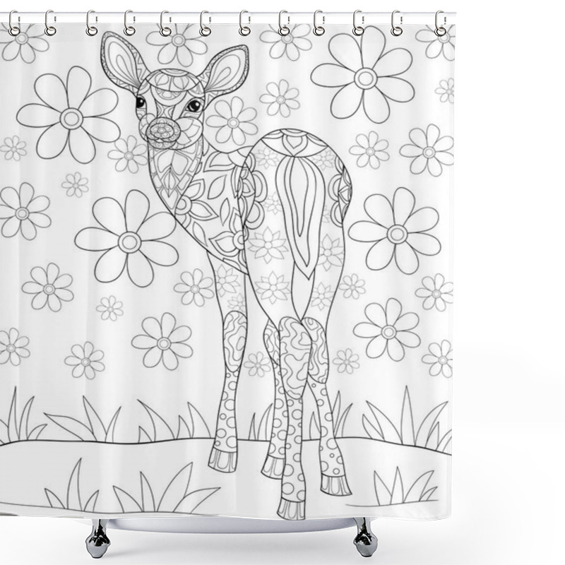 Personality  A Cute Deer With Ornaments On The Background  Image For Relaxing.A Coloring Book,page For Adults.Zen Art Style Illustration For Print.Poster Design. Shower Curtains