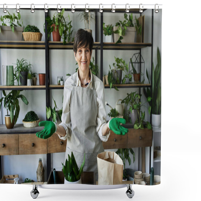 Personality  A Woman With Green Gloves Happily Cares For Her Thriving Plants. Shower Curtains