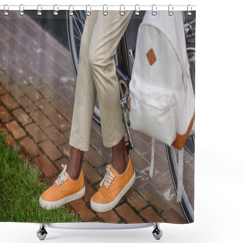 Personality  Cropped View Of Stylish African American Man Standing Near Bicycle With Backpack Shower Curtains