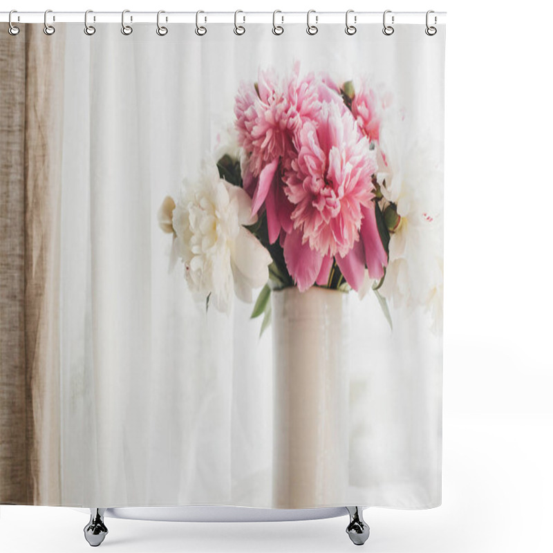 Personality  Happy Mothers Day. Lovely Peony Bouquet In Sunny Light On Rustic Wooden Window Sill. Stylish Pink And White Peonies In Vase On Wooden Background. Copy Space. Hello Spring. Shower Curtains