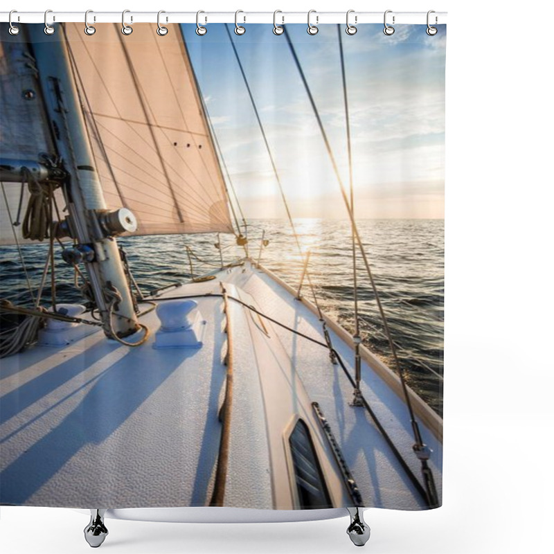 Personality  Sailing At Sunset. A View From The Yacht's Deck To The Bow And Sails. Baltic Sea, Latvia Shower Curtains