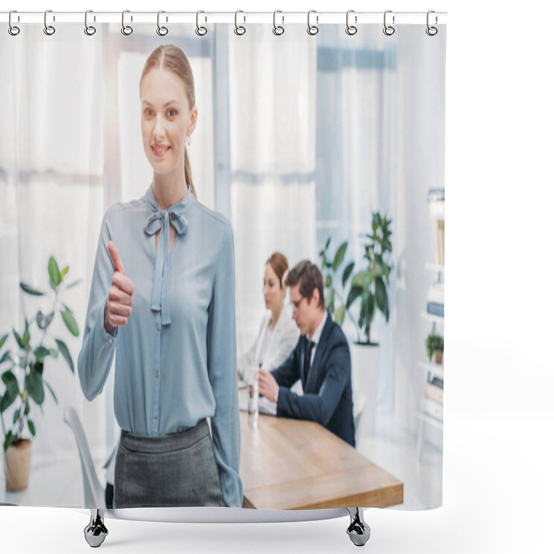 Personality  Beautiful Recruiter Showing Thumb Up While Standing Near Coworkers In Office  Shower Curtains