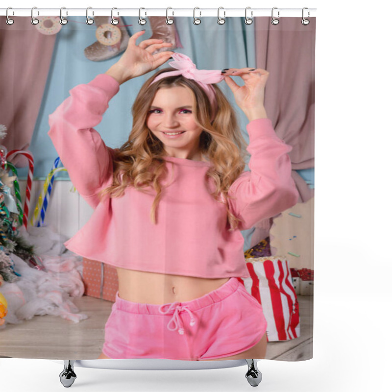 Personality  Young Sexy Blonde Girl In Pink Shorts And Top With Pink Ribbon In Her Hair Smiles Shower Curtains