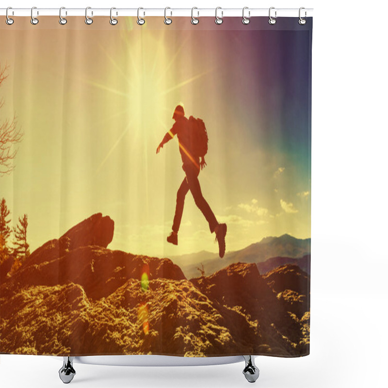 Personality  Man Jumping Over Gap On Mountain Shower Curtains