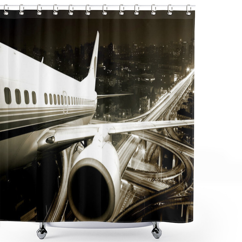 Personality  The Airplane Take Off From The City Night. Shower Curtains