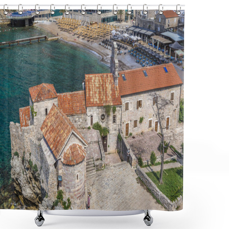 Personality  Budva, Montenegro - May 24, 2017: Saint Sava And Santa Maria In Punta On Old Town, Historic Part Of Budva Town Shower Curtains