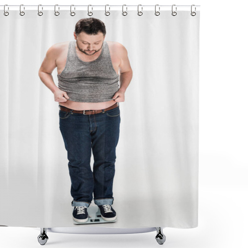 Personality  Overweight Man Standing On Electronic Weight Scales Isolated On White Shower Curtains