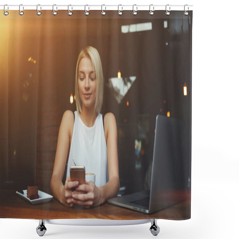 Personality  Young Hipster Girl Using Cell Telephone While Enjoying Her Free Time After Work On Net-book  Shower Curtains