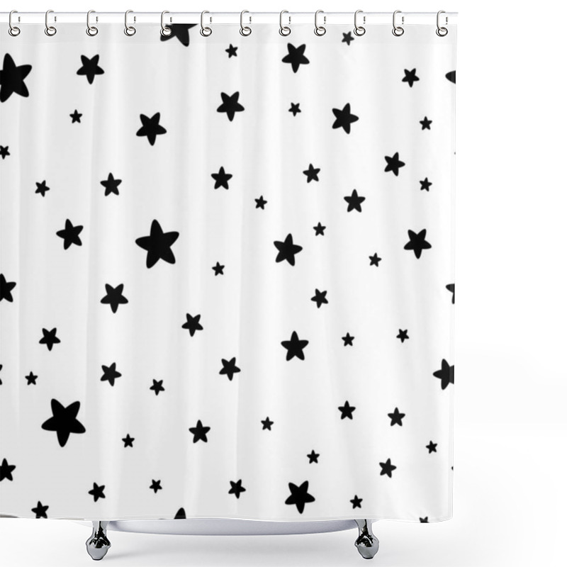 Personality  Abstract  Modern White Seamless Astronomy Pattern With Chaotic Black  Stars.  Vector Illustration. Black And White  Background. Monochrome Design. Shower Curtains