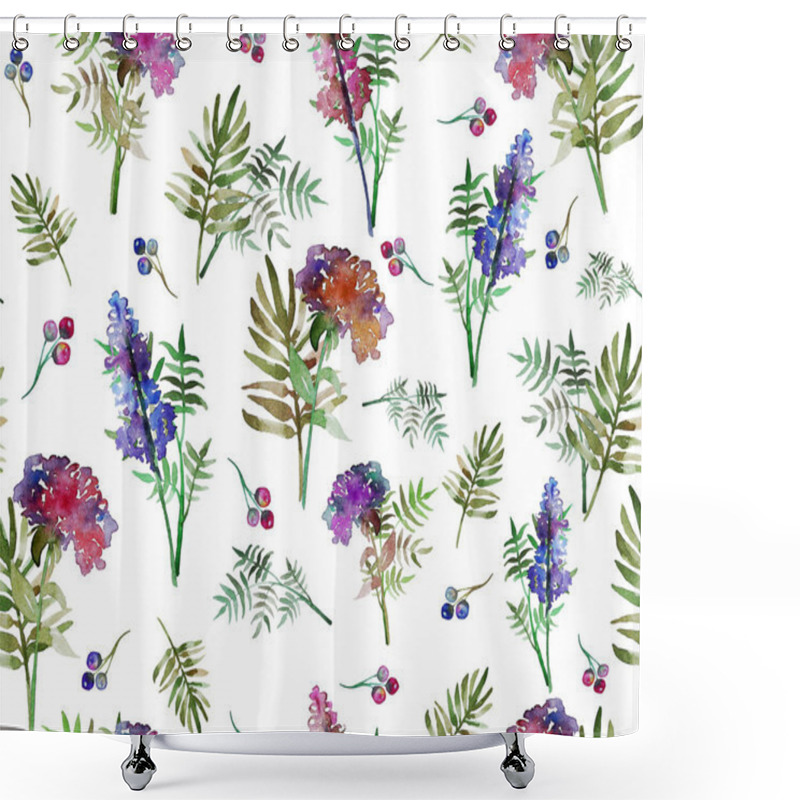 Personality  Vintage Floral Herbs Seamless Pattern With Forest Flowers And Leaf. Print For Textile Wallpaper Endless. Hand-drawn Watercolor Elements. Beauty Bouquets. Pink, Red. Green On White Background. Shower Curtains