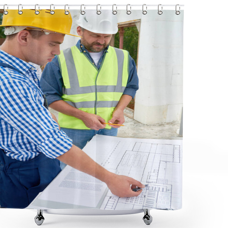 Personality  Side View Portrait Of Two Construction Workers Discussing Floor Plans And Engineering Documentation On Site, Pointing At It Shower Curtains