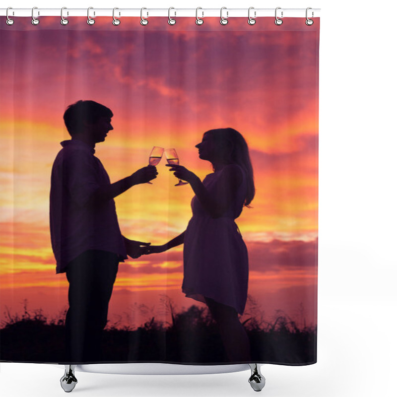 Personality  Silhouette Of Couple Drinking Champagne At Sunset Shower Curtains