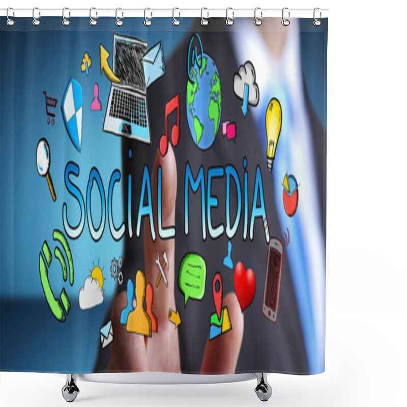 Personality  Businessman Touching Hand Drawn Social Media Presentation Shower Curtains