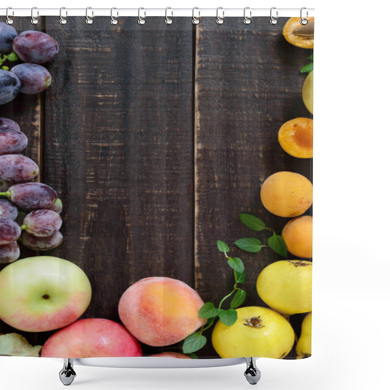 Personality  Autumnal Food Background. Crop Of Fruit On Wooden Background. Free Space For Your Project. Autumn Theme. Shower Curtains