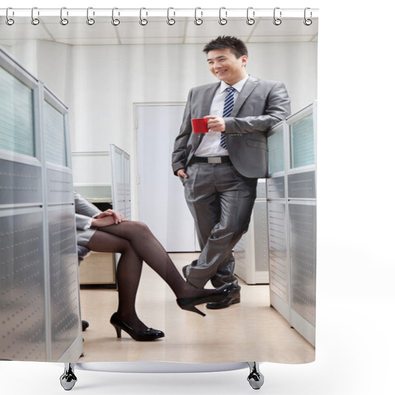 Personality  Standing Businessman And Sitting Businesswoman Facing Each Other Shower Curtains