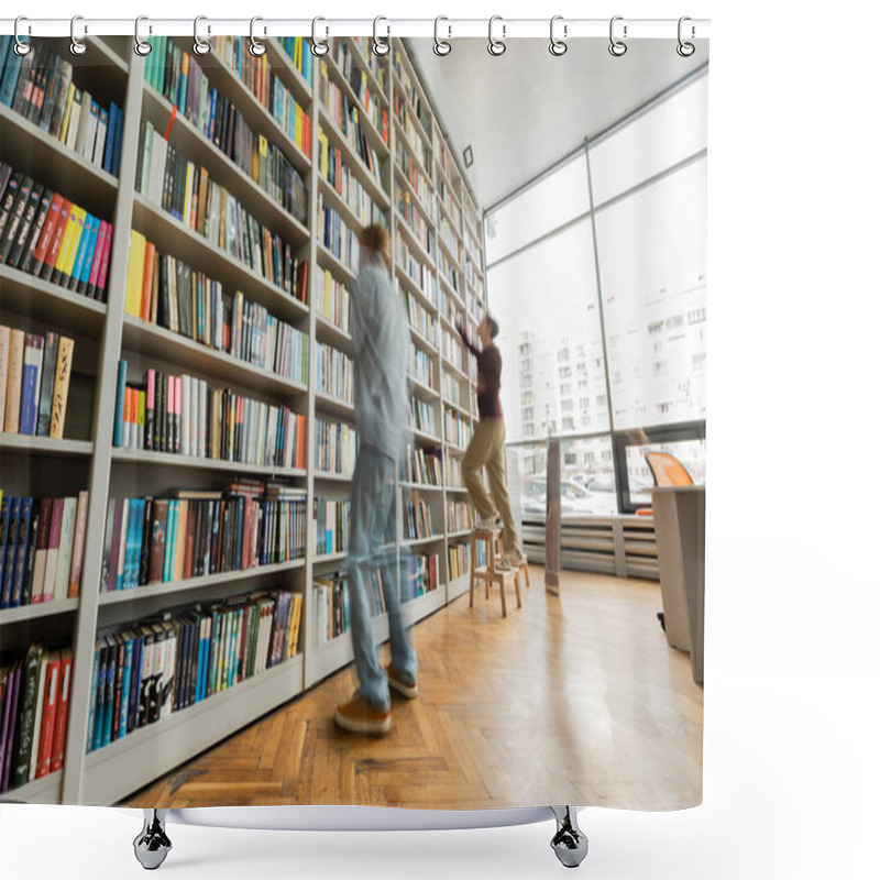 Personality  Two Young Male Students Studying Amidst Books In Library. Shower Curtains