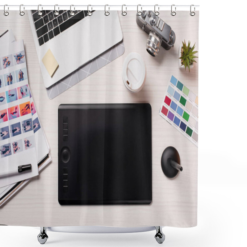 Personality  Office Desk With Laptop, Graphics Tablet, Pen And Designer Supplies, Flat Lay Shower Curtains